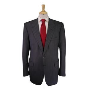 Tom James Holland & Sherry Custom Gray Sky Blue Pinstripe Wool 2-Btn Suit 44L